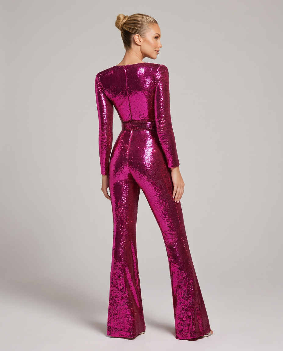 Back view of the magenta sequin jumpsuit on a model, showing the centre back seam, long sleeves and flared legs. 2