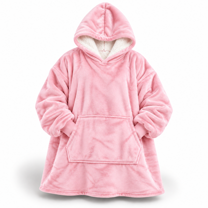 Front view of the hoodie blanket in soft pink, with white sherpa hood lining, large front pocket and ribbed cuffs. 5