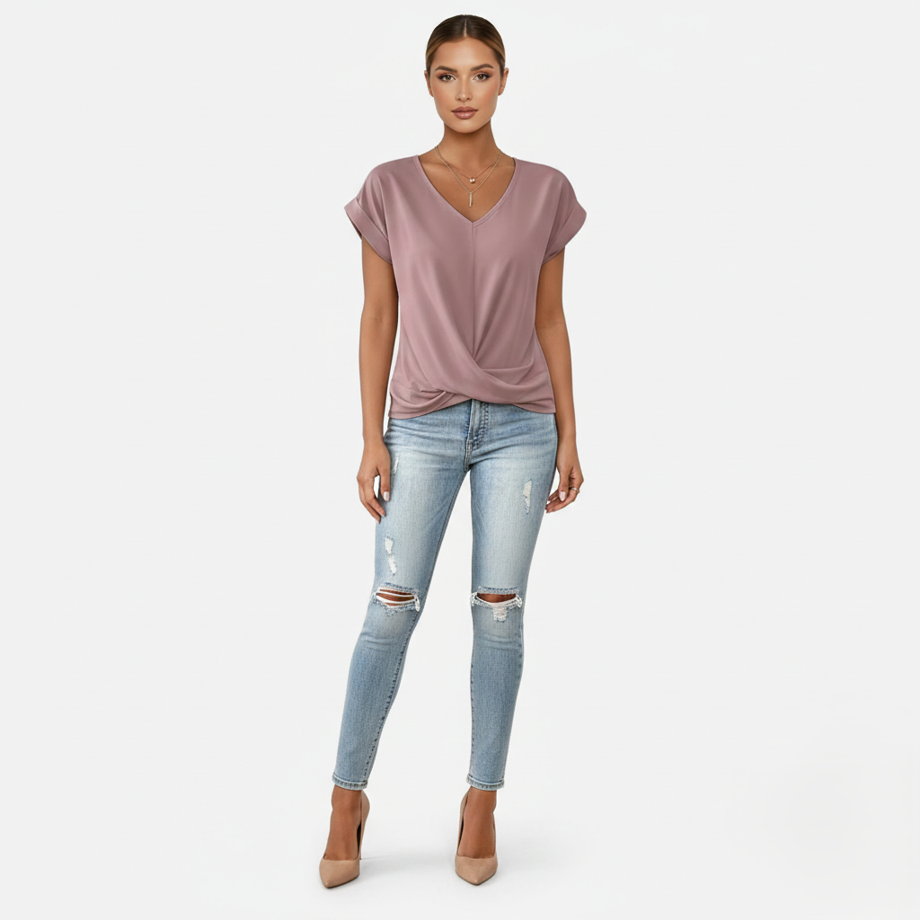 Blouse Women's V-neck Short Sleeve Twist Front
