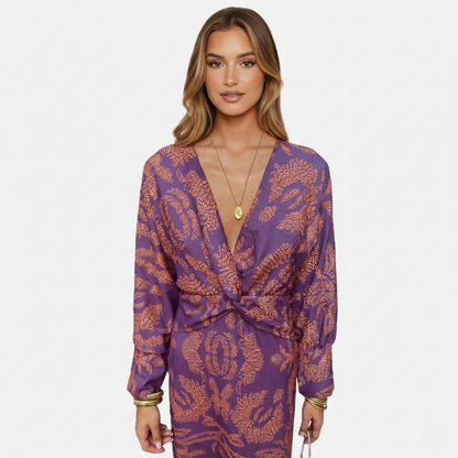 Midi Dress Women's Printed Twist Front V-neck Long Sleeve