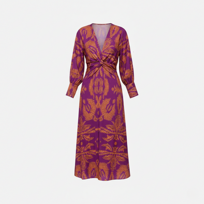 Midi Dress Women's Printed Twist Front V-neck Long Sleeve