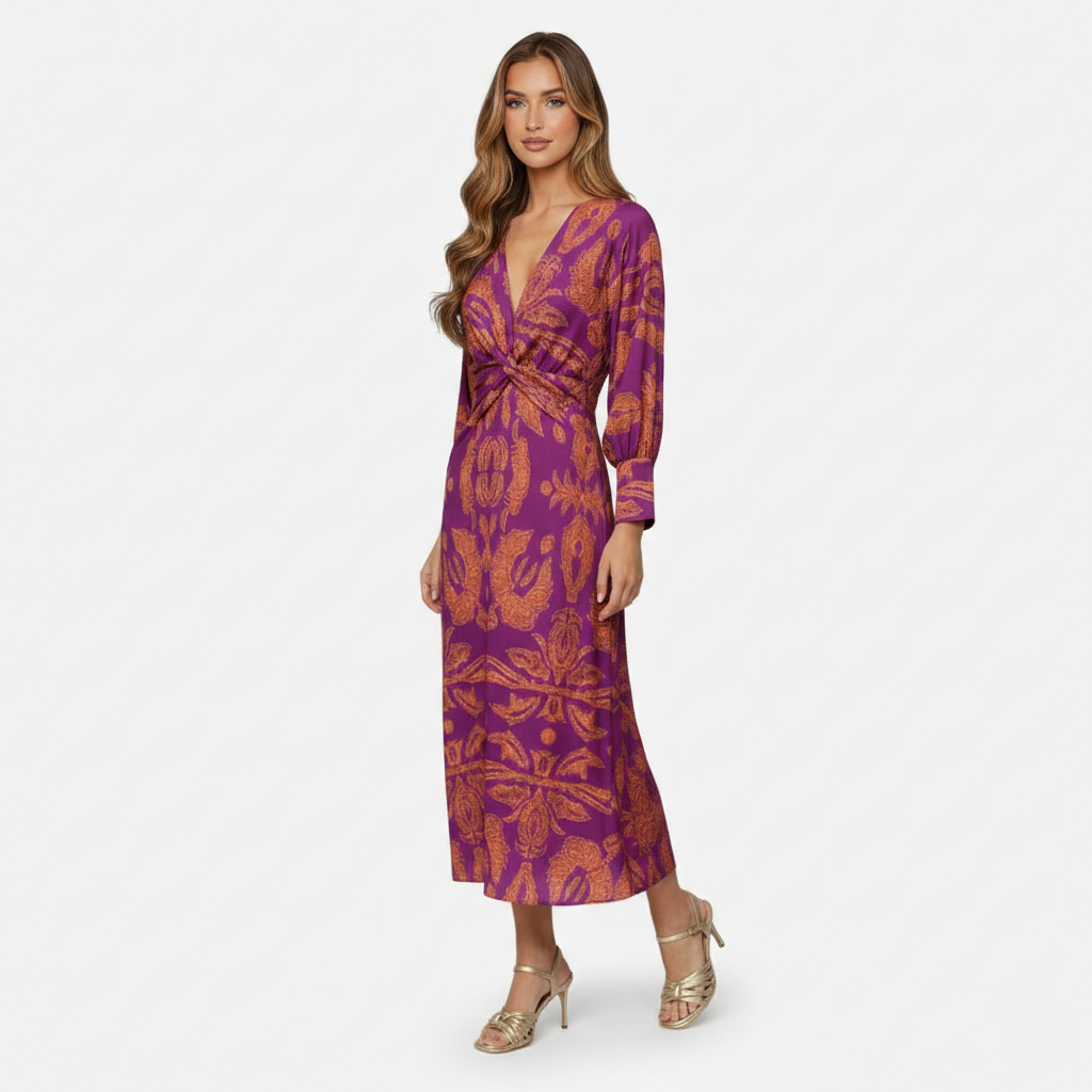 Midi Dress Women's Printed Twist Front V-neck Long Sleeve