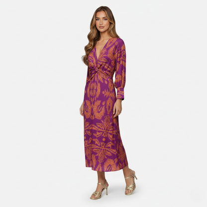 Midi Dress Women's Printed Twist Front V-neck Long Sleeve