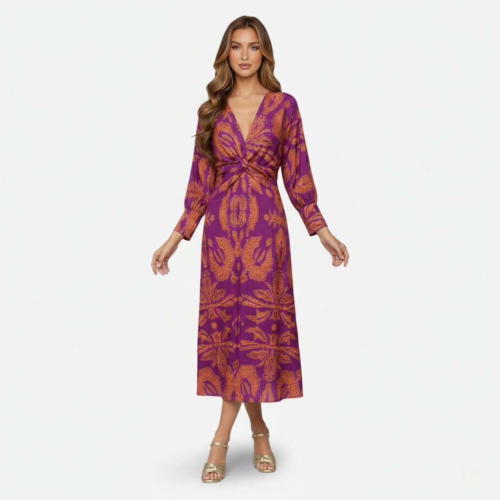 Midi Dress Women's Printed Twist Front V-neck Long Sleeve