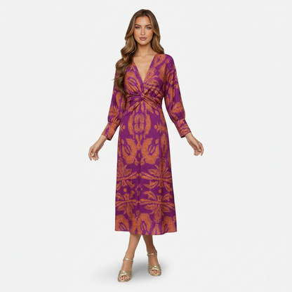 Midi Dress Women's Printed Twist Front V-neck Long Sleeve