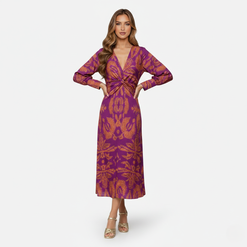 Midi Dress Women's Printed Twist Front V-neck Long Sleeve