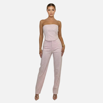 Strapless Vest Top and Straight Leg Pants Set Women’s Sequin Embellished
