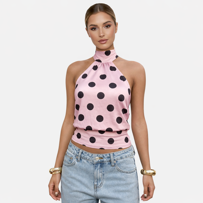 Polka Dot Blouse Women's Halter Neck Sleeveless Tie Back