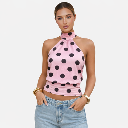 Polka Dot Blouse Women's Halter Neck Sleeveless Tie Back