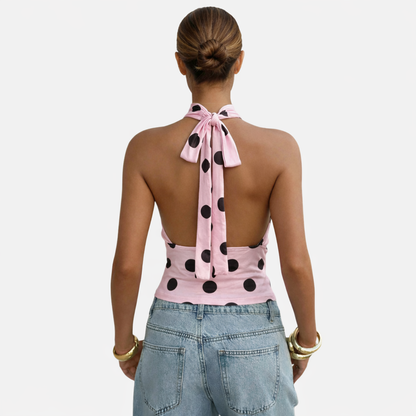 Polka Dot Blouse Women's Halter Neck Sleeveless Tie Back