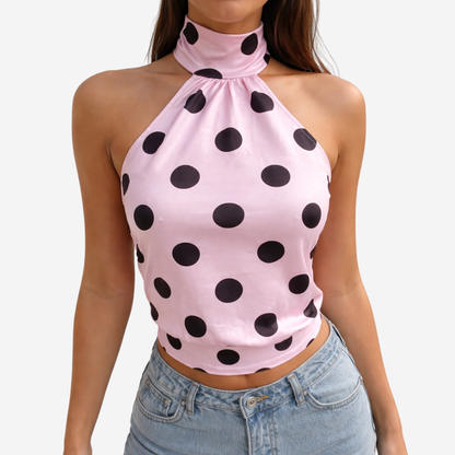 Polka Dot Blouse Women's Halter Neck Sleeveless Tie Back