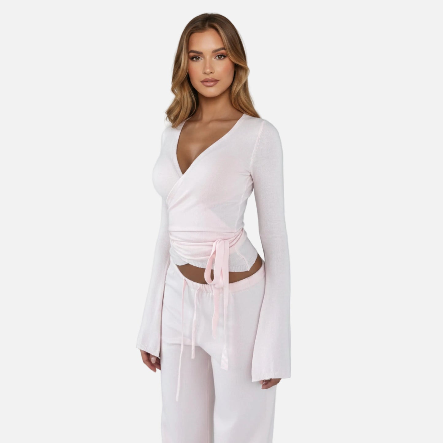 Knit Lounge Set Women's Wrap Top and Wide Leg Trousers