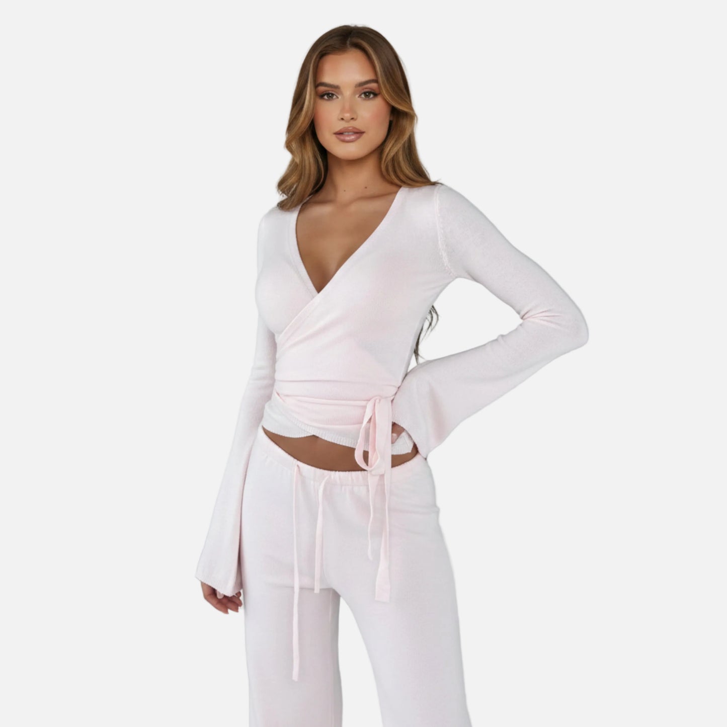 Knit Lounge Set Women's Wrap Top and Wide Leg Trousers