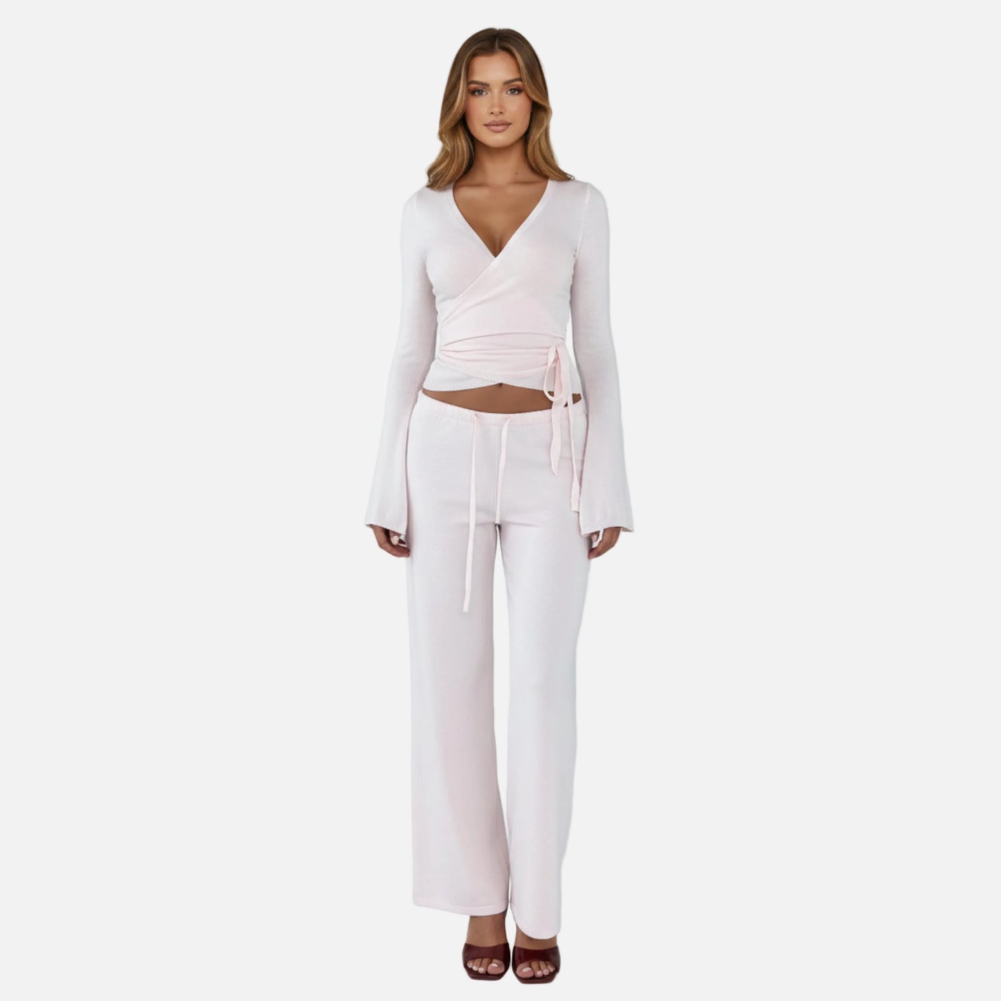 Knit Lounge Set Women's Wrap Top and Wide Leg Trousers