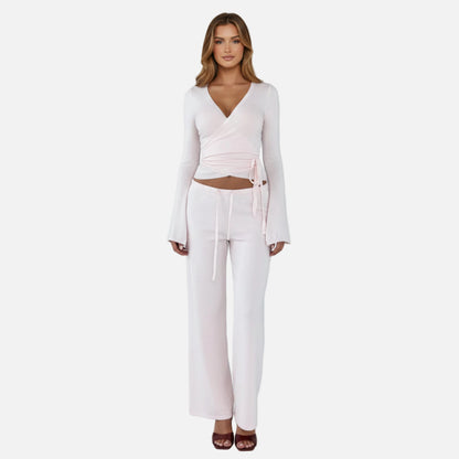 Knit Lounge Set Women's Wrap Top and Wide Leg Trousers