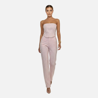 Strapless Vest Top and Straight Leg Pants Set Women’s Sequin Embellished
