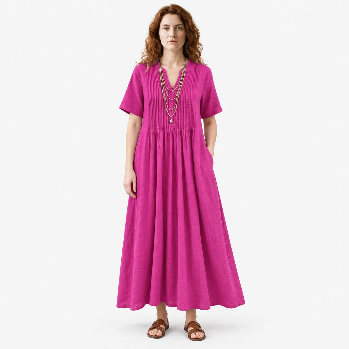 Pleated Midi Dress with Flattering Shaping Fit