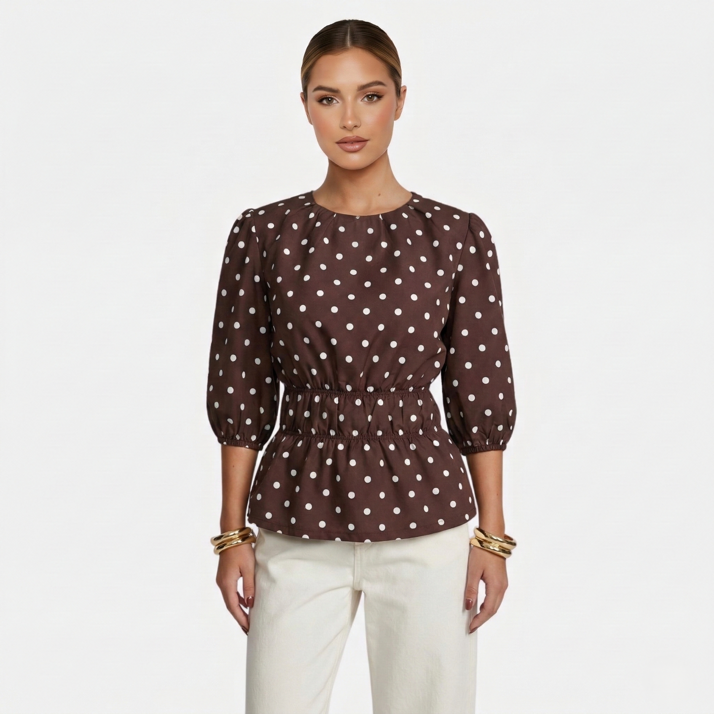 Polka Dot Blouse Women's Puff Sleeve Shirred Waist Peplum Hem