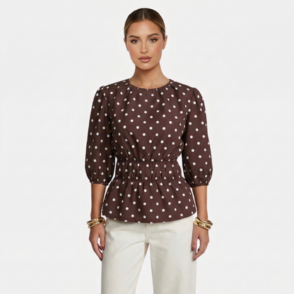 Polka Dot Blouse Women's Puff Sleeve Shirred Waist Peplum Hem