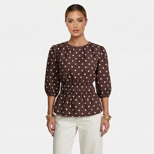 Polka Dot Blouse Women's Puff Sleeve Shirred Waist Peplum Hem