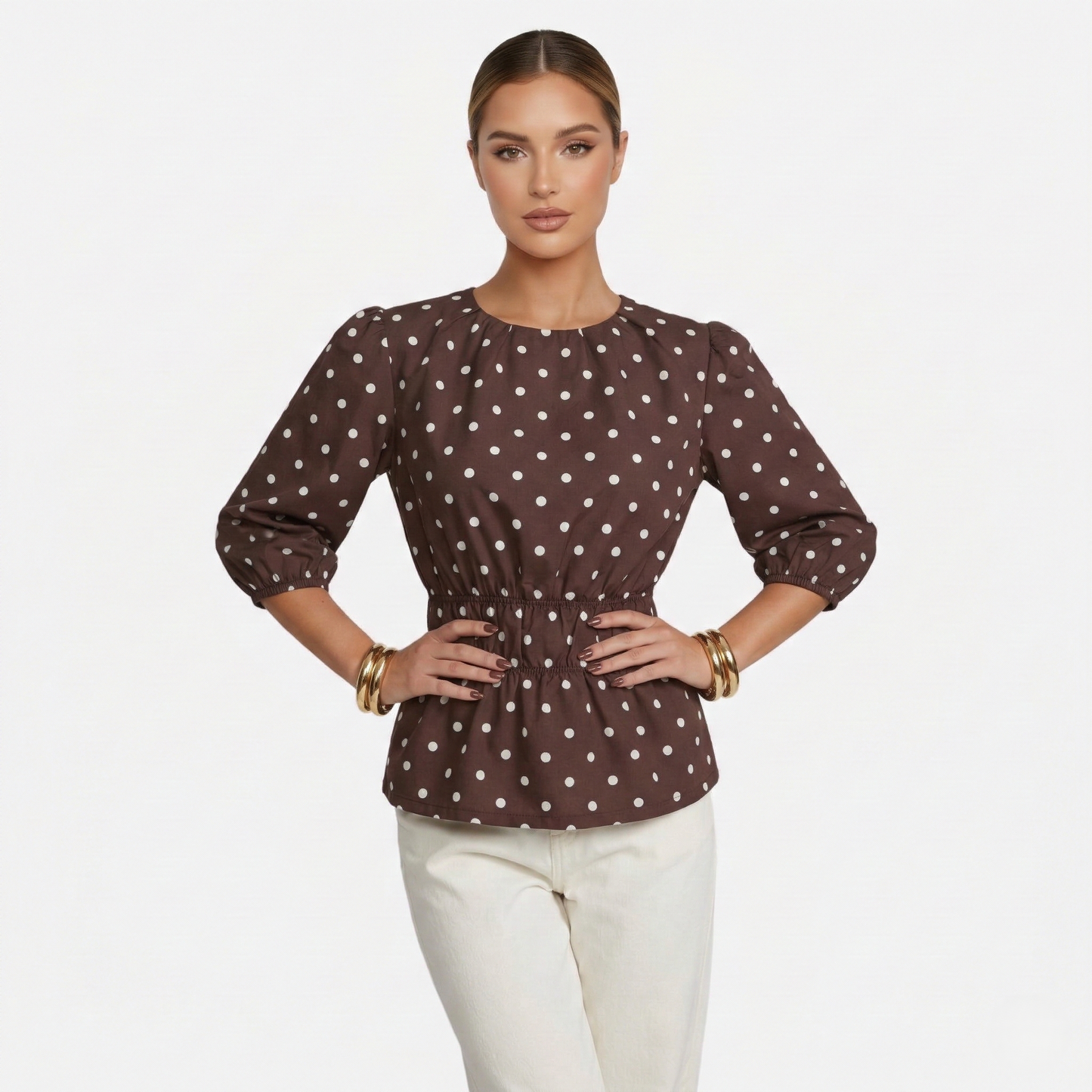 Polka Dot Blouse Women's Puff Sleeve Shirred Waist Peplum Hem