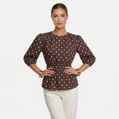 Polka Dot Blouse Women's Puff Sleeve Shirred Waist Peplum Hem