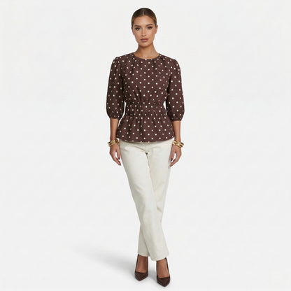 Polka Dot Blouse Women's Puff Sleeve Shirred Waist Peplum Hem