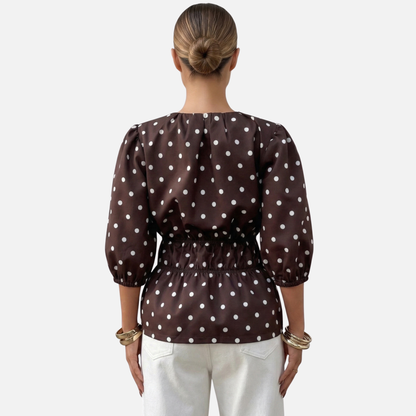 Polka Dot Blouse Women's Puff Sleeve Shirred Waist Peplum Hem