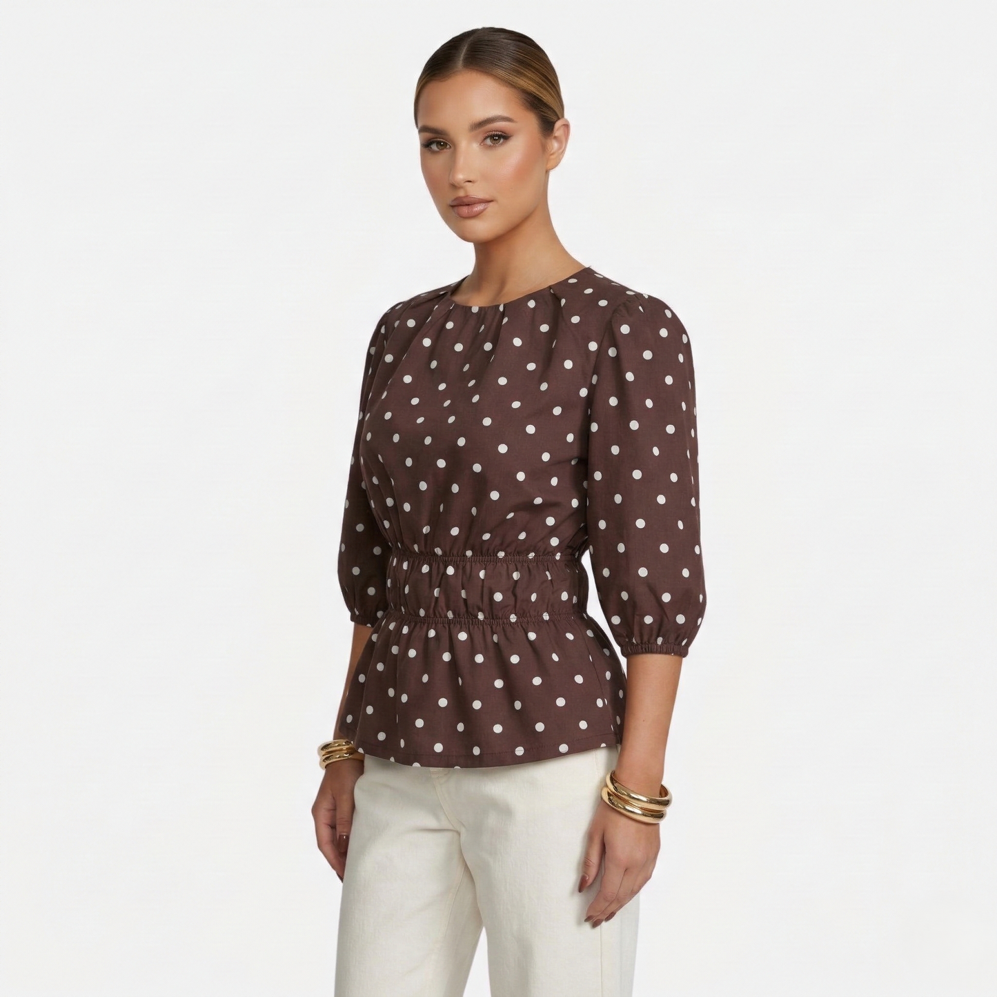 Polka Dot Blouse Women's Puff Sleeve Shirred Waist Peplum Hem