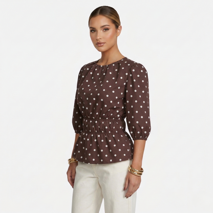 Polka Dot Blouse Women's Puff Sleeve Shirred Waist Peplum Hem