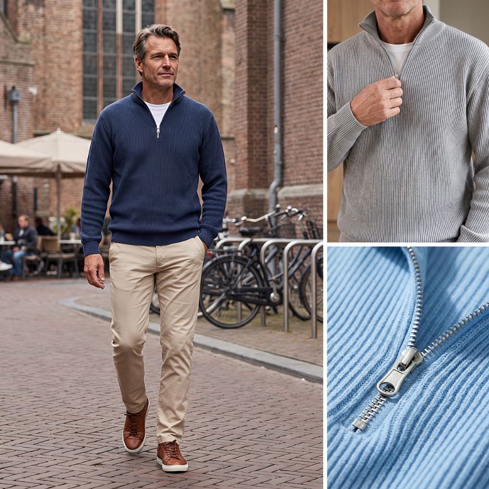 Collage: a man in the navy pullover with chinos strolling down a cobbled street, plus grey and light blue zip close-ups. 16