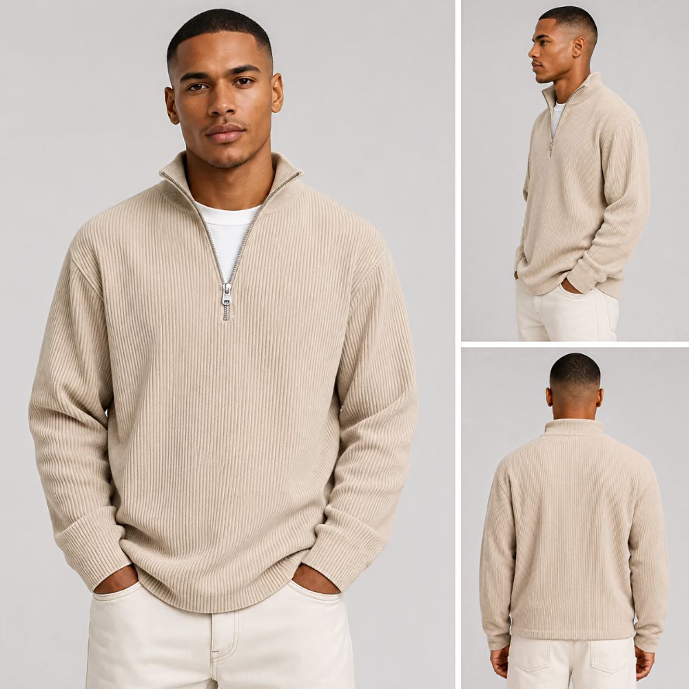 Collage of a model in the beige ribbed half-zip pullover with cream trousers, shown from the front, side and back. 15
