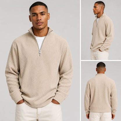 Collage of a model in the beige ribbed half-zip pullover with cream trousers, shown from the front, side and back. 15