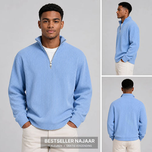 Collage of a model in the light blue ribbed half-zip pullover with white trousers, shown from the front, side and back. 1