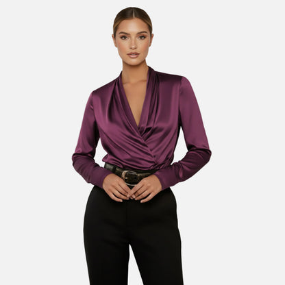 Satin Blouse Women's Draped Wrap V-neck Long Sleeve