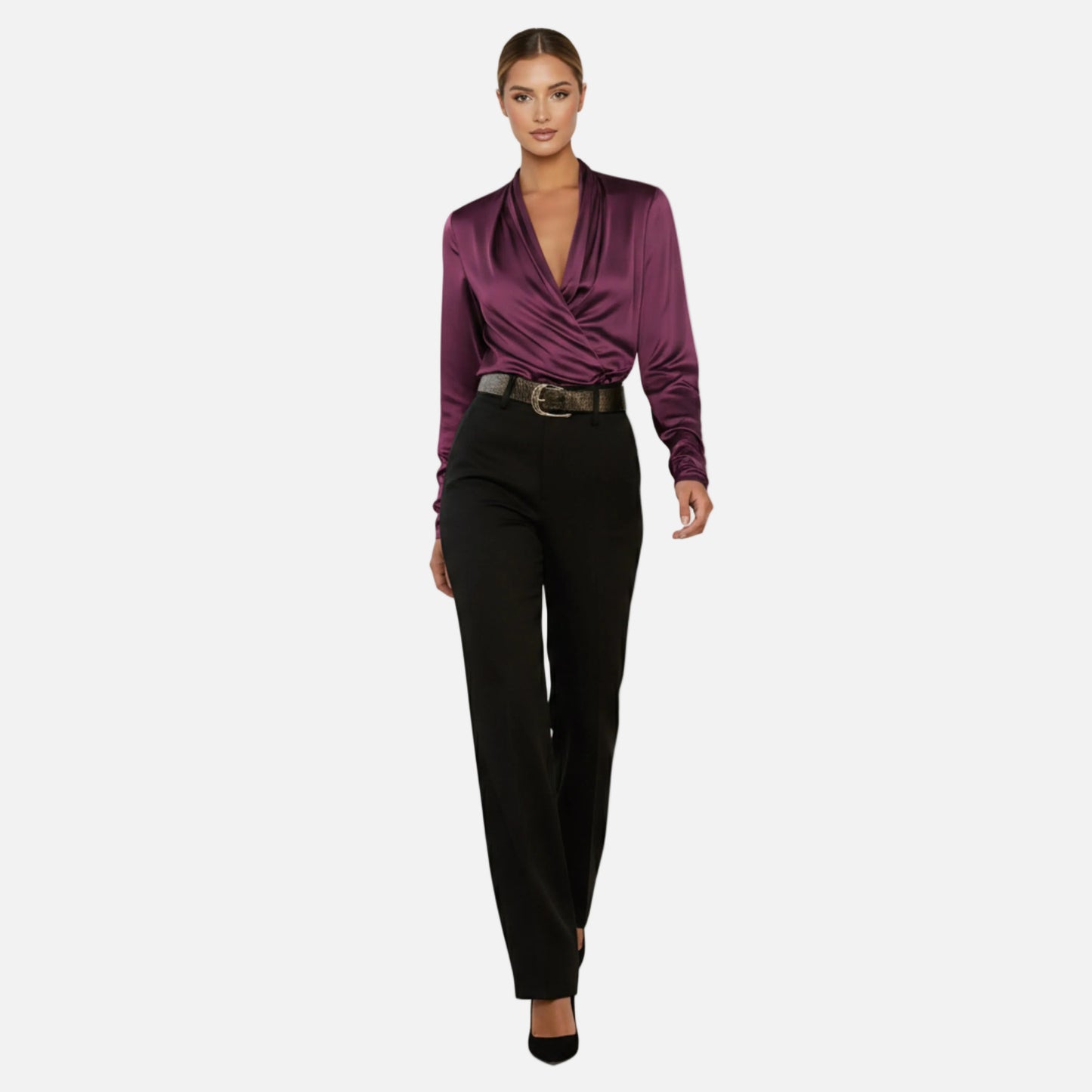 Satin Blouse Women's Draped Wrap V-neck Long Sleeve