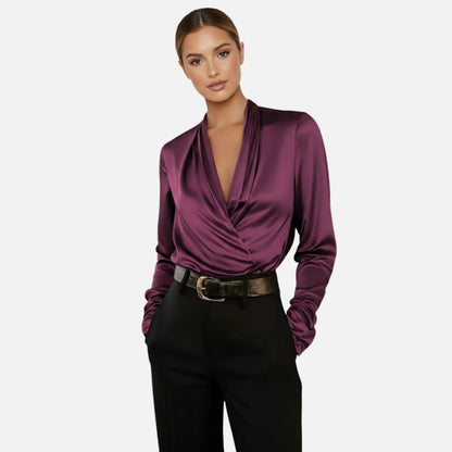 Satin Blouse Women's Draped Wrap V-neck Long Sleeve