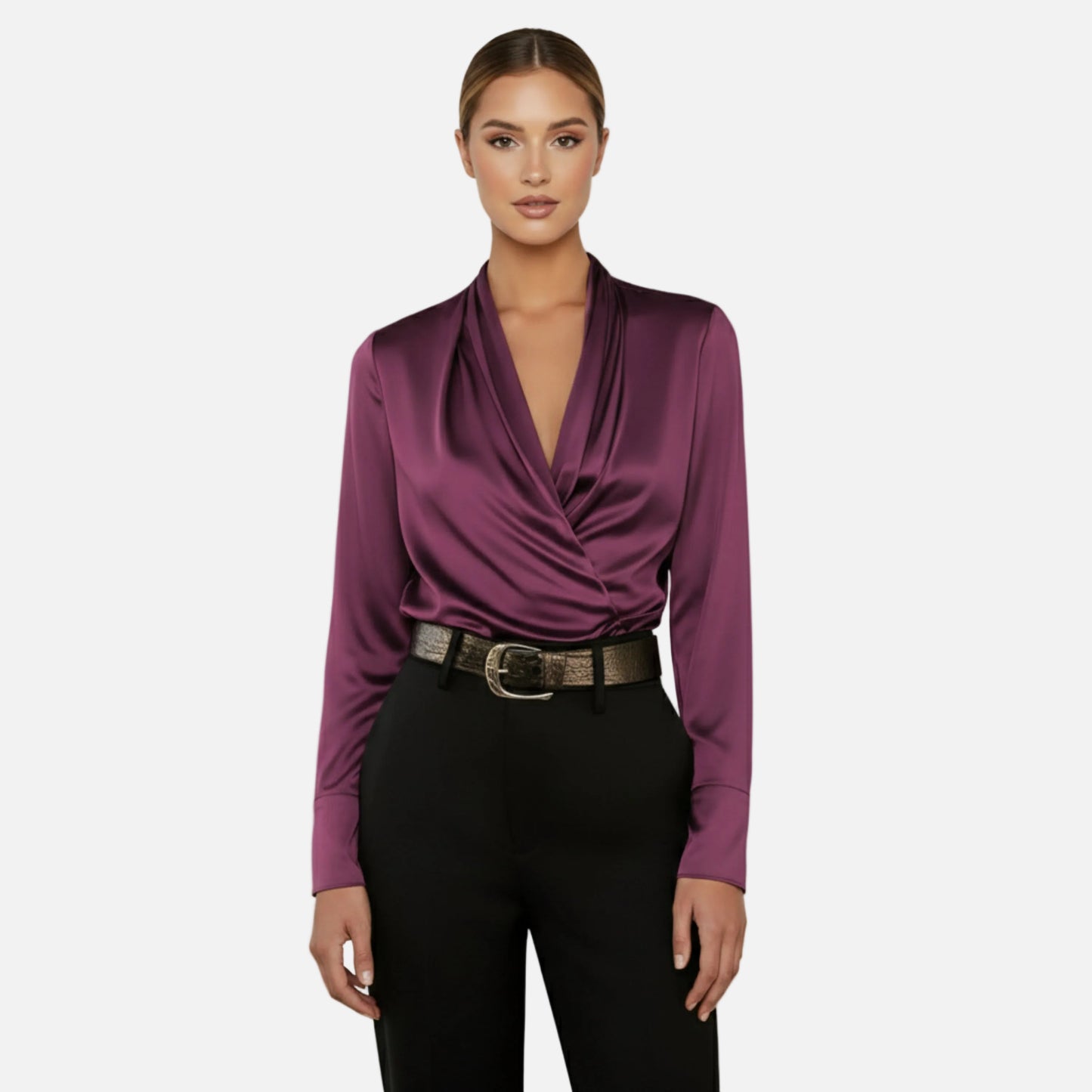 Satin Blouse Women's Draped Wrap V-neck Long Sleeve