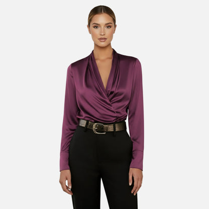 Satin Blouse Women's Draped Wrap V-neck Long Sleeve