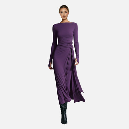 Wrap Maxi Dress Women's Long Sleeve Boat Neck