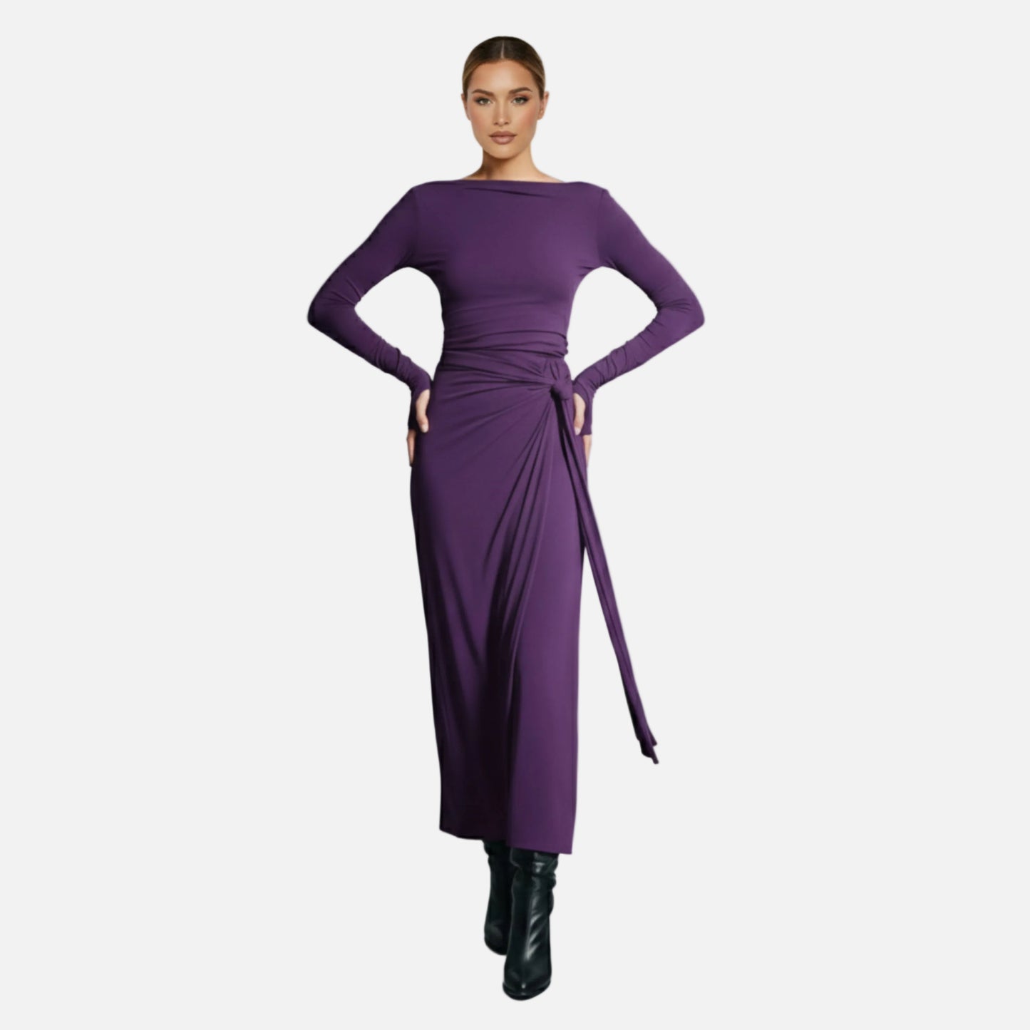 Wrap Maxi Dress Women's Long Sleeve Boat Neck