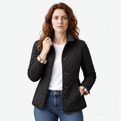 Quilted Puffer Jacket with Button Front and Diamond Stitching