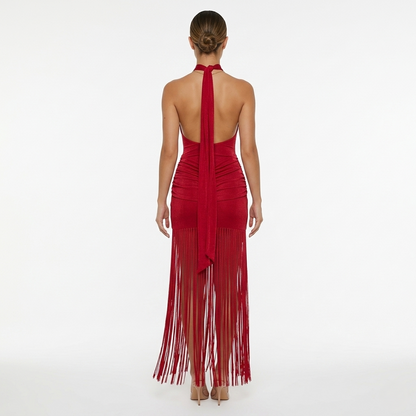 Halter Neck Fringe Maxi Dress Women's Ruched Bodycon Open Back