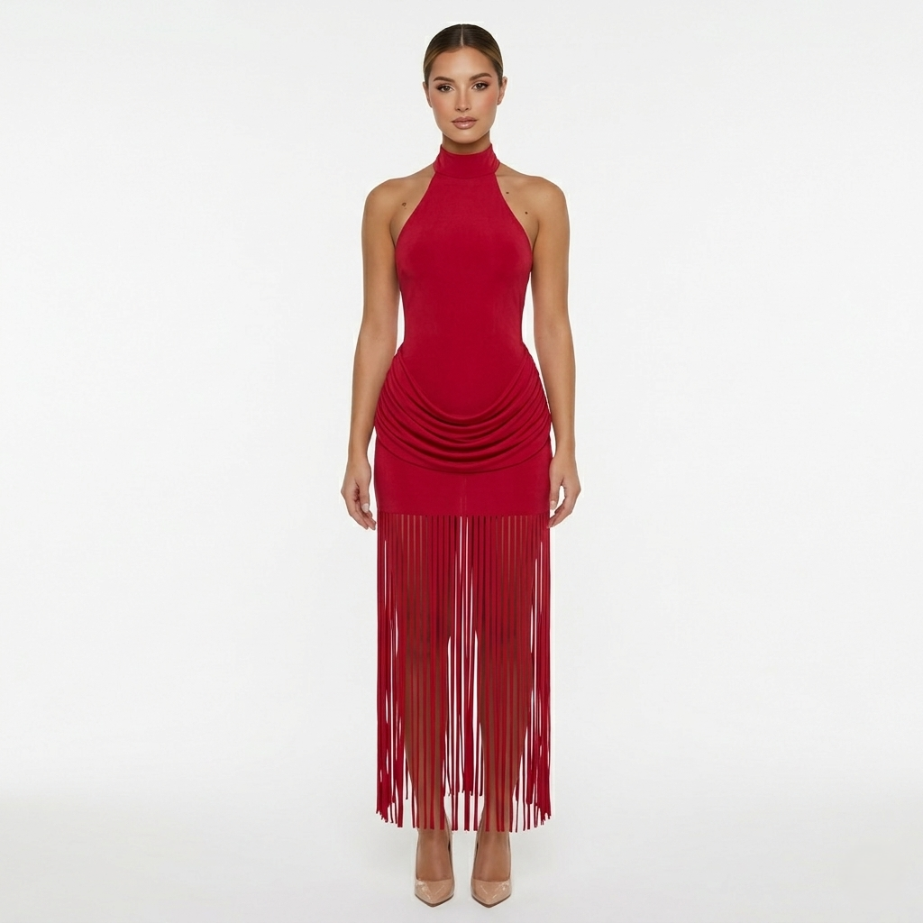 Halter Neck Fringe Maxi Dress Women's Ruched Bodycon Open Back