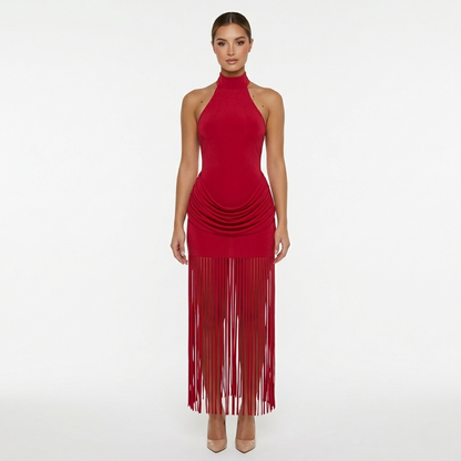 Halter Neck Fringe Maxi Dress Women's Ruched Bodycon Open Back