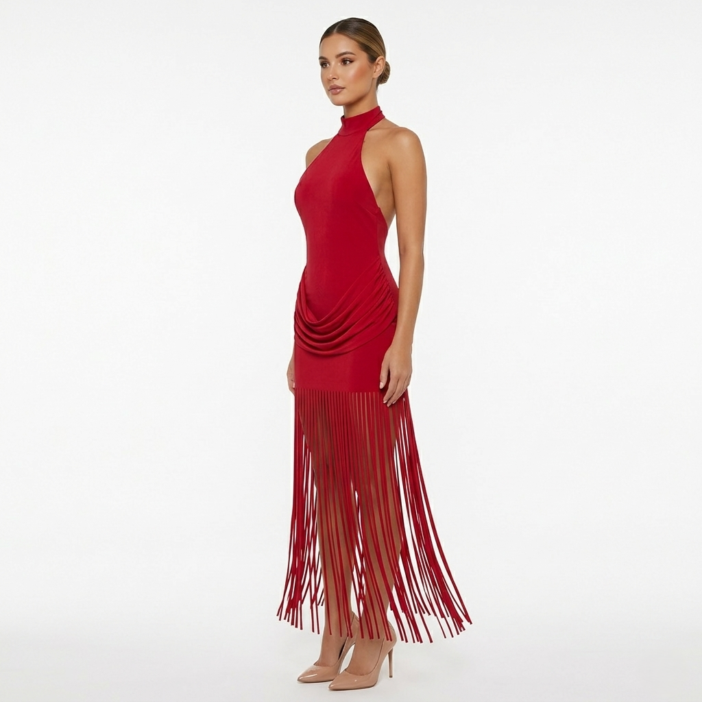 Halter Neck Fringe Maxi Dress Women's Ruched Bodycon Open Back