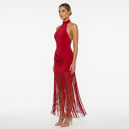 Halter Neck Fringe Maxi Dress Women's Ruched Bodycon Open Back