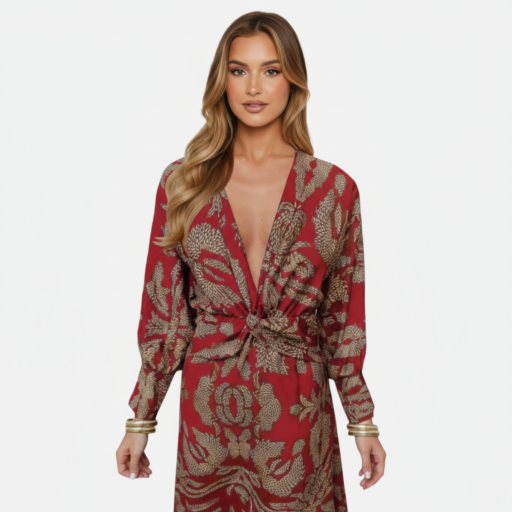 Midi Dress Women's Printed Twist Front V-neck Long Sleeve