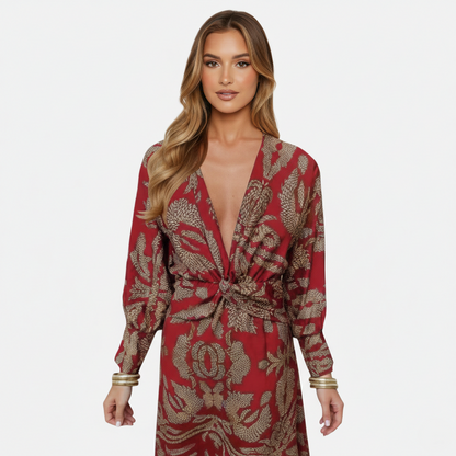Midi Dress Women's Printed Twist Front V-neck Long Sleeve