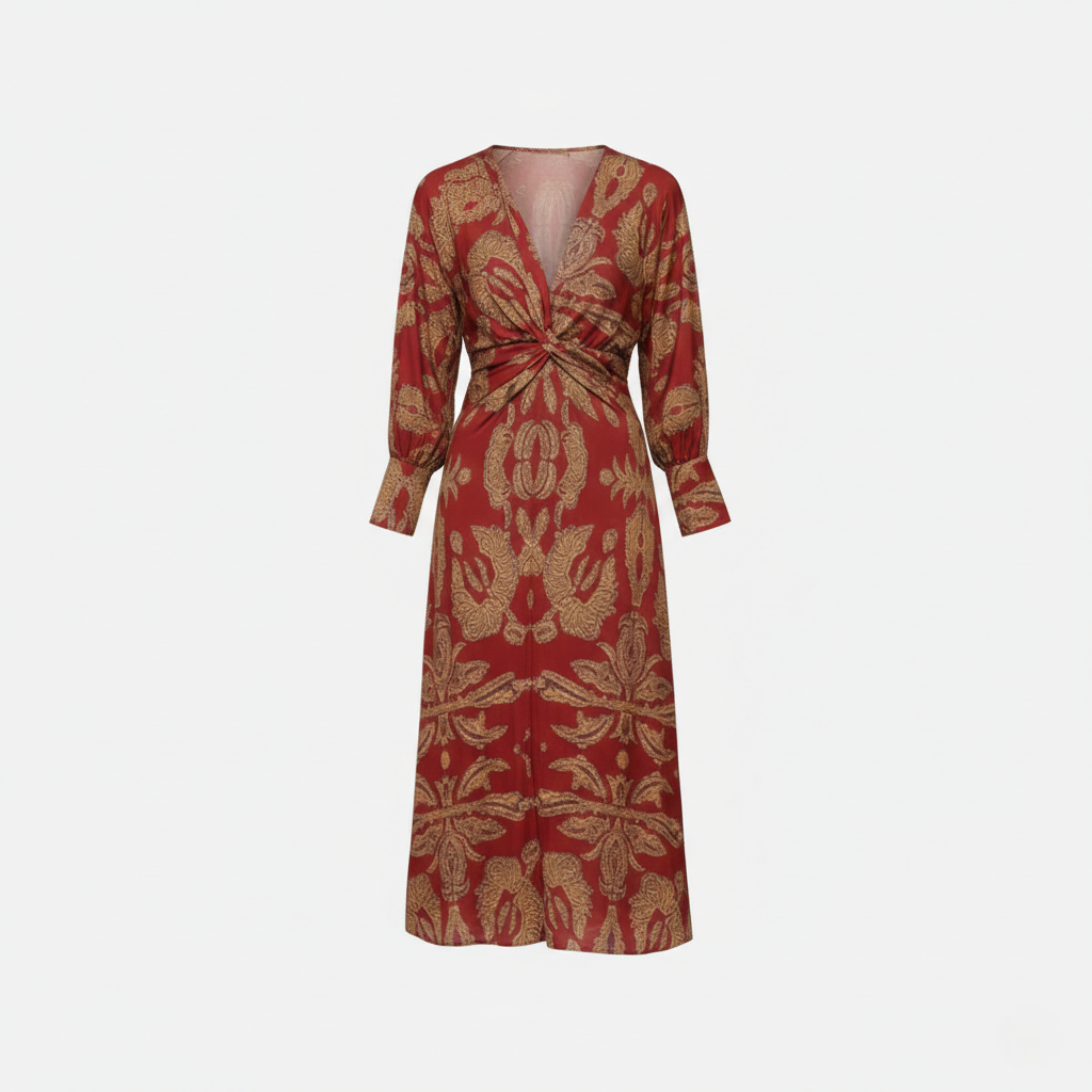 Midi Dress Women's Printed Twist Front V-neck Long Sleeve